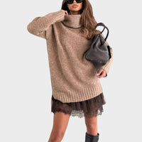Nina | Damen Zweiteiler Pullover & Kleid stilvoll - Beiger Pullover und braunes Kleid