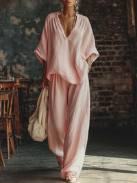 Jula | Zweiteiler mit V-Ausschnitt-Shirt und Hose - Rosa