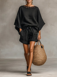 Wiebke | Bluse & Shorts-Set mit U-Boot-Ausschnitt - Schwarz