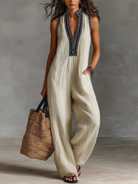 Fiamma | Damen Ärmellos Overall Minimalistischer Stehkragen Reißverschluss – Minimal Overall - Beige