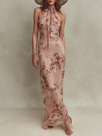 Lia | Damen Elegantes Florales Chiffon Maxikleid Schlüsselloch-Ausschnitt – Keyhole Maxi - Rosa