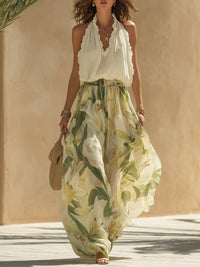 Alessandra | Damen Chiffon Ärmelloses Top Rüschen & Lilium Print Hose – Chiffon Rüschen Set - Grün