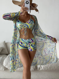 Catherine – 3-teiliges Bikini-Set mit Langarm-Cardigan für den Sommerstrand - Grün