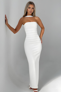 Deborah - Strapless Bandage-Maxikleid mit Chiffon-Halterdrape - Weiß