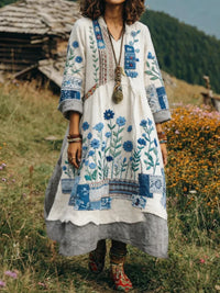 Eresha - Lässiges Langarm Kleid Mit Blumenmuster - Weiß