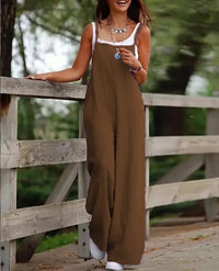 Elfriede | Damen Leinenjumpsuit Latzhose Wide-Leg-Pants Träger Hosenanzug - 1