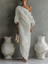 Ximena | Elfenbein Leinen Kleid Schulterfrei - Elfenbein