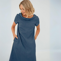 Damen Mini-Kleid mit kurzen Ärmeln und Taschen - Dunkelblau
