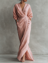 Anneliese | Rosa Leinen Maxi Kleid V-Hals - Rosa