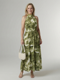 Sylin | Damen Geraffte Neckholder Midikleid – Gerafft Halter Midi Kleid - Green
