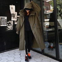 Damen Oversize-Parka mit übergroßer Kapuze und Tunnelzug in der Taille - Olivgrün