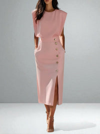Noemi | Damen Knopf Midikleid – Elegantes Knopfleiste Midi Kleid - Pink