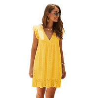 Karen – Sommerkleid mit V-Ausschnitt aus Baumwolle und kurzem Rock in einheitlicher Farbe - Gelb