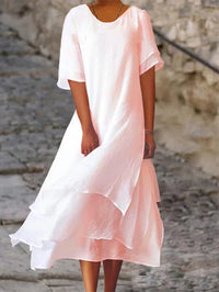 Doppeltes Baumwoll-Leinen-Kleid für Frauen | Midi - Rosa