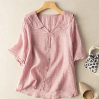 Eva | Damen Bogenkragen Bluse Knopfdetail – Bluse Bogenausschnitt Knöpfe 2026 - Rosa