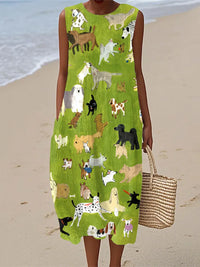 Isabella | Damen Midikleid Hunde Ölgemälde Druck – Hund Ölgemälde Print Midi - Grün