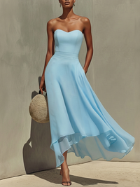 Serelina | Damen Himmelblau Trägerloses Chiffon Midikleid – Himmelblau Trägerlos Midi - Himmelblau