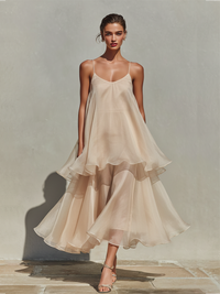 Eloria | Damen Champagner Chiffon Midikleid Rüschen-Lagen – Champagner Rüschen Midi - Champagner