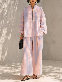 Damen gestreiftes Langarmoberteil & weite Hose Set mit Taschen - Rosa
