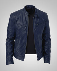 Ralf | Herren Leder-Bikerjacke mit Reissverschluss - Blau