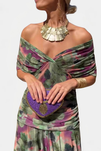 Inés | Langes Blumenkleid mit V-Ausschnitt - Grün/Lila