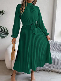 Damen Langarm Falten Kleid mit Gürtel - Grün