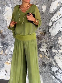 Saila | Damen Maxikleid V-Ausschnitt Fledermausärmel Unifarbe - Grün