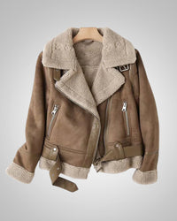 Vanessa | Damen Leder Sherpa Bikerjacke - Braun