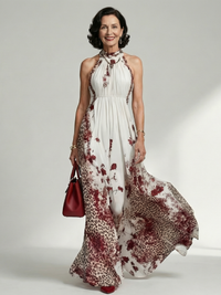 Orlune | Damen Plissiertes Weißes Maxikleid – Weißes Plissee Maxi Kleid - Blumenmuster