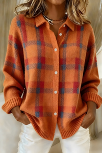 Anna – Weiche Strickjacke mit Karomuster - Orange