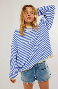 Damen Lässig Rundhals Langarm Shirt Pullover - Blau