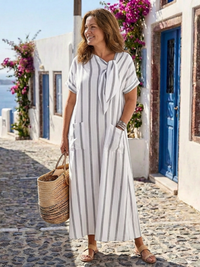 Elaris | Damen Midikleid Gestreift Bindeausschnitt Leicht - White
