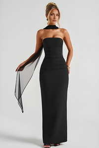 Deborah - Strapless Bandage-Maxikleid mit Chiffon-Halterdrape - Schwarz