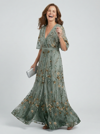 Selora | Damen Neckholder Blüten Fließendes Maxikleid – Halter Bloom Maxi - Salbeigrün