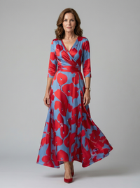 Celine | Damen Kreuzwickel Kragen Midikleid – Cross Wrap Neck Midi - Rot