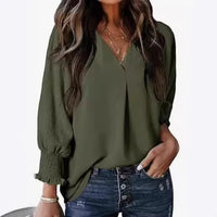 Damen Bluse Kurzarm | V-Ausschnitt Sommer Bluse Elegant & Casual - Dunkelgrün