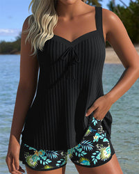 Olina | Gestreifter Tankini mit passenden 2-teiligen Badeshorts - Schwarz