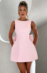 Madeleine | Damen Elegantes Mini Hochzeitsgast Kleid mit Schleife - Rosa