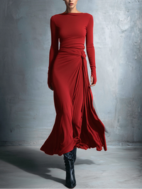 Laura | Damen Elegant Drapiertes Langarm Maxikleid - Rot