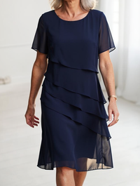 Linda | Damen Elegantes Komfort Rüschenkleid – Zartes Sanftes Rüschen Kleid - Marineblau