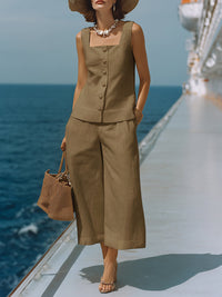 Zeitloses Weißes Baumwoll-Leinen Top mit Quadrat-Ausschnitt und Passenden Capri-Hosen Set - Khaki