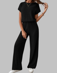 Paula | Damen Rippstrick-Set Kurzarm Top Weite Hose Casual - Schwarz