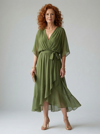 Elric | Damen Leichtes Drapiertes Midikleid – Leicht Drapiert Midi Kleid - Grün
