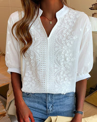 Anna | Damen Bestickte Kurzarm Bluse - Weiß