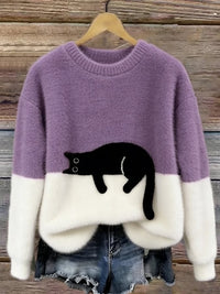 Damen Oversized Pullover mit Farbblockdesign und Katzenmotiv - Lila