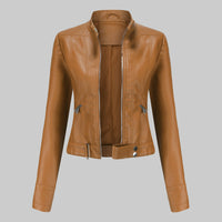 Lara | Damen Casual Gürtel Bikerlederjacke - Braun