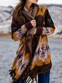 Damen Wickelcardigan mit Fransen und langen Ärmeln - Braun