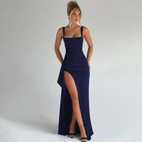 Aria | Elegantes Slip-Maxikleid mit offenem Rücken - Marineblau