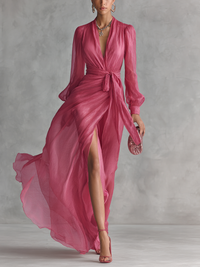 Rosalie | Damen Langes Pinkes Chiffon Kleid Perlen V-Ausschnitt – Rosa Perlen Chiffon - Rosa