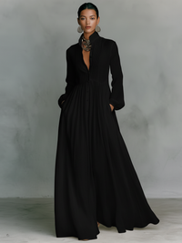 Brunhilde | Patchwork Leinen Maxi Kleid Stehkragen - Schwarz